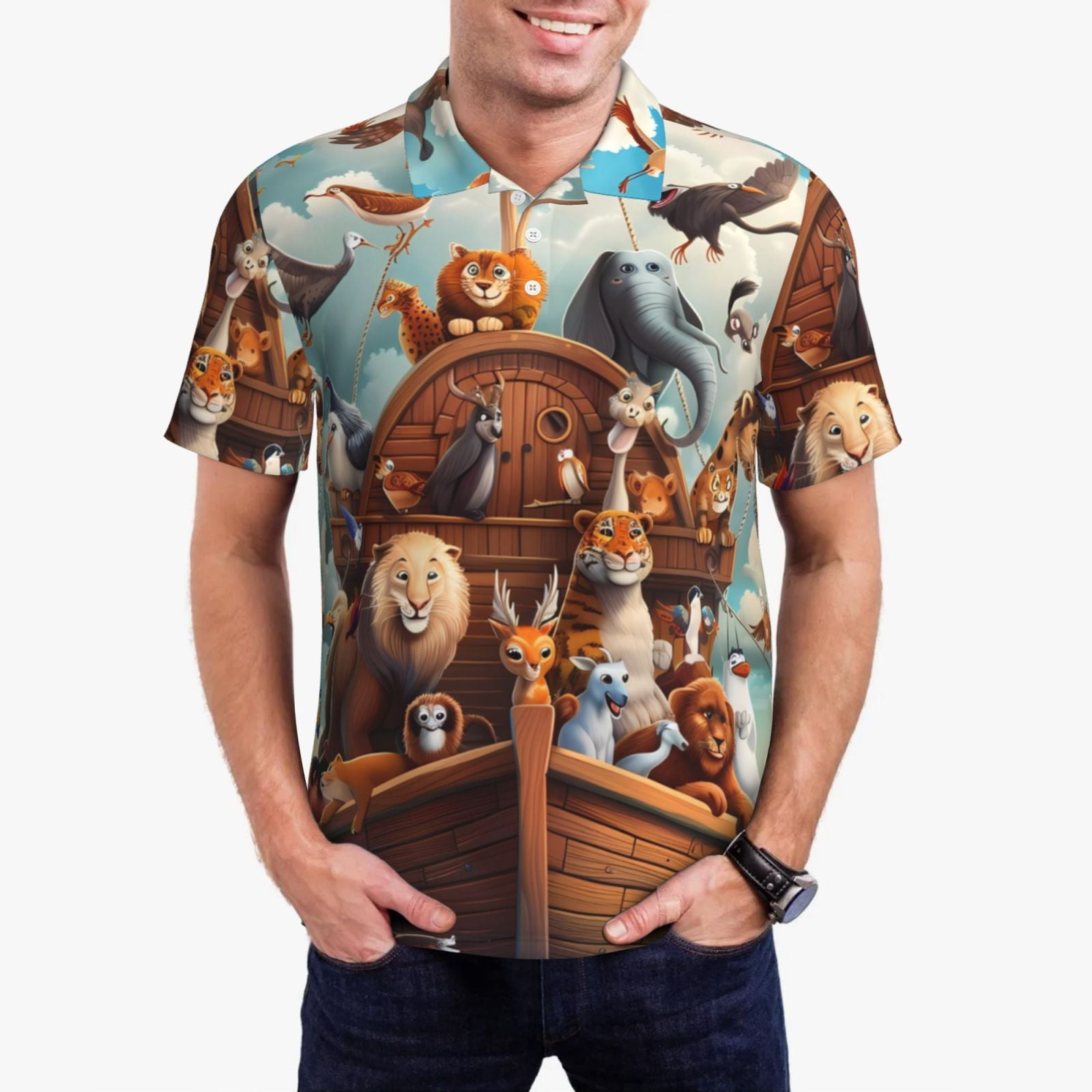 Jgfou Animal Filled Noahs Ark Print Golf Shirts for Men Dry Fit