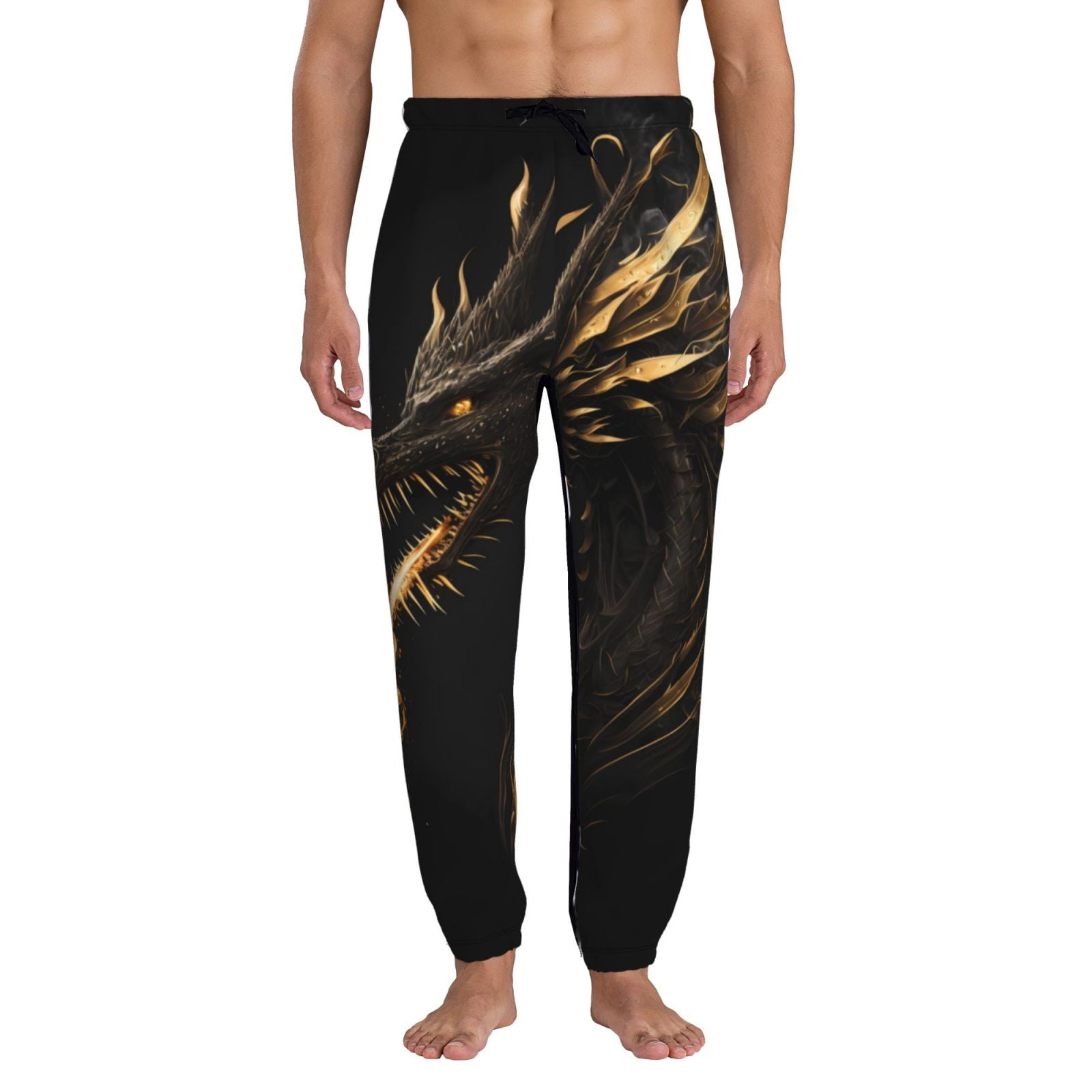 Jgfou Black And Gold Fire Dragon Print Sweatpants for Men Joggers - Men ...