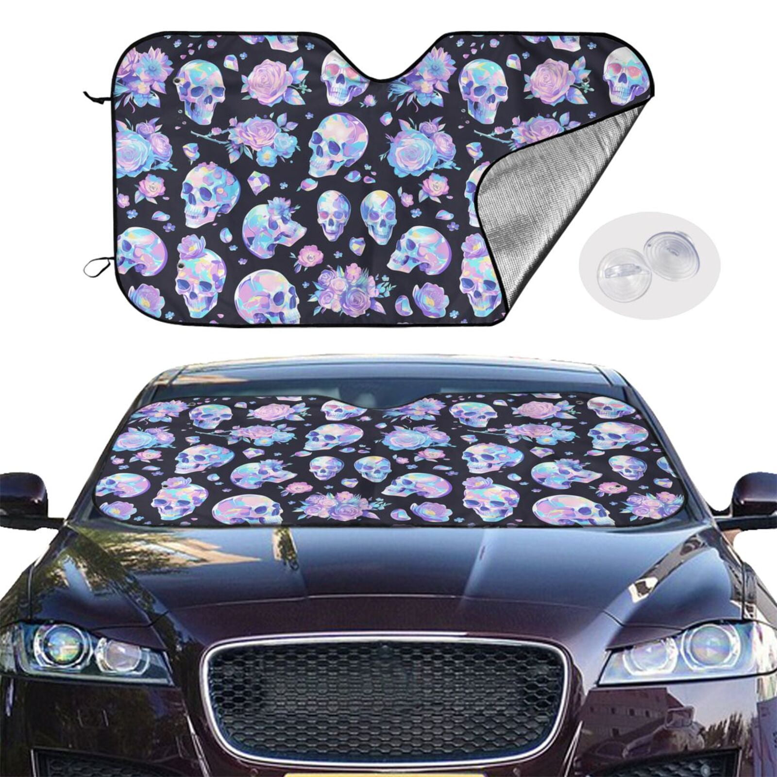 Jgfou Blue Skull Flower Windshield Sun Shades,Car Sun Shade for Front ...