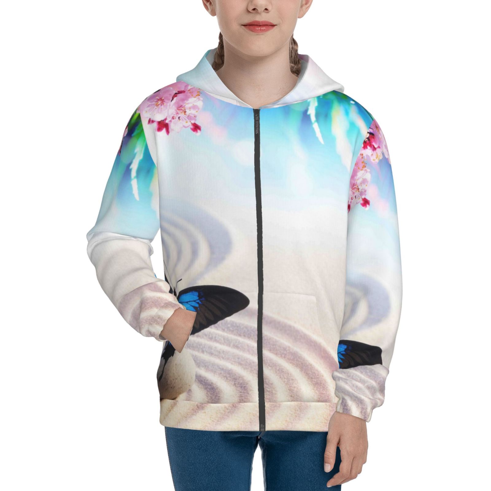 Jgfou Butterfly In Blossoms Zen Print Boys Girls Zip Up Hoodies