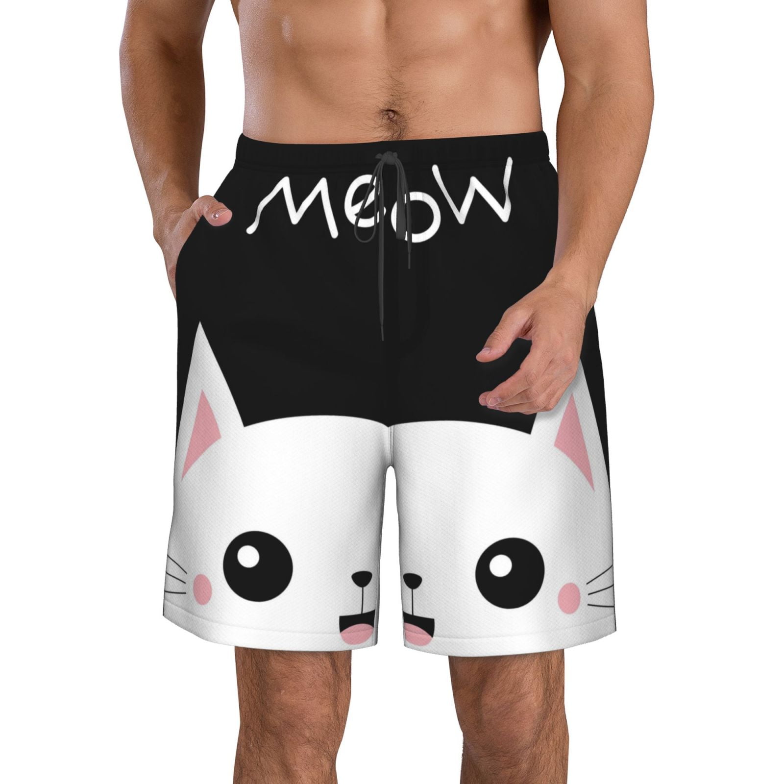 Jgfou Cat Meow for Men's Swim Trunks Hawaiian Bathing Mesh Lining Suit
