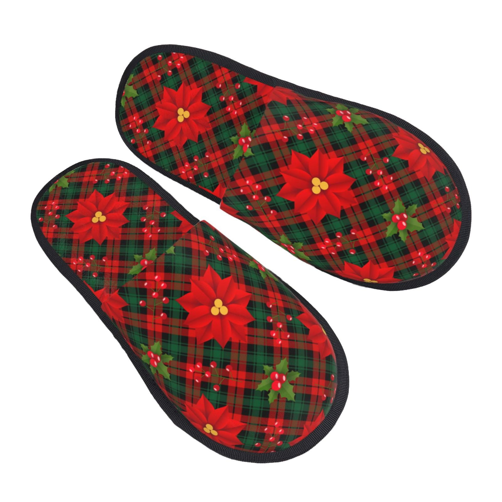 Jgfou Christmas Plaid Flower Print Womens Cozy Memory Foam Slippers