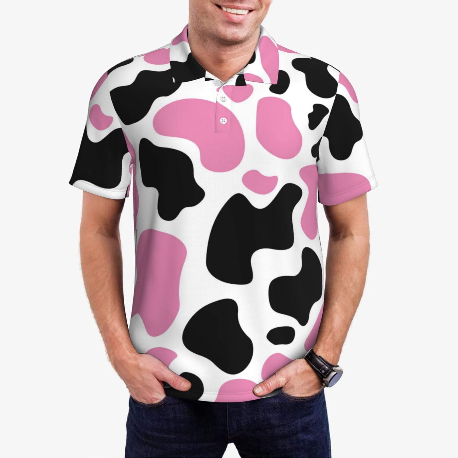 Jgfou Cow Spots Print Golf Shirts for Men Dry Fit Performance Short