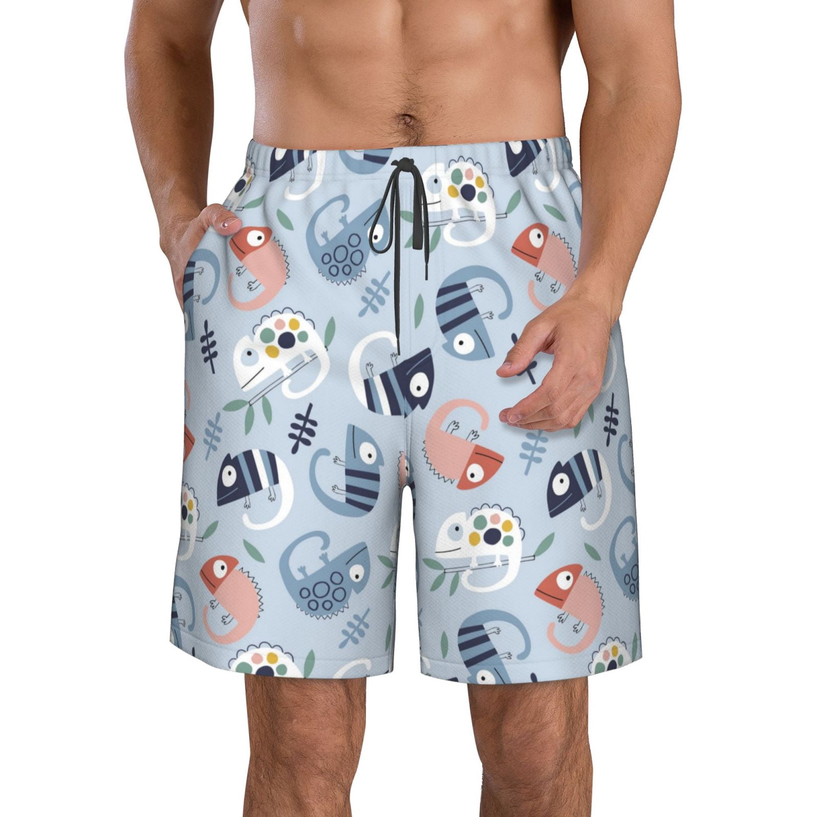 Jgfou Cute Chameleons On Blue for Men's Swim Trunks Hawaiian Bathing