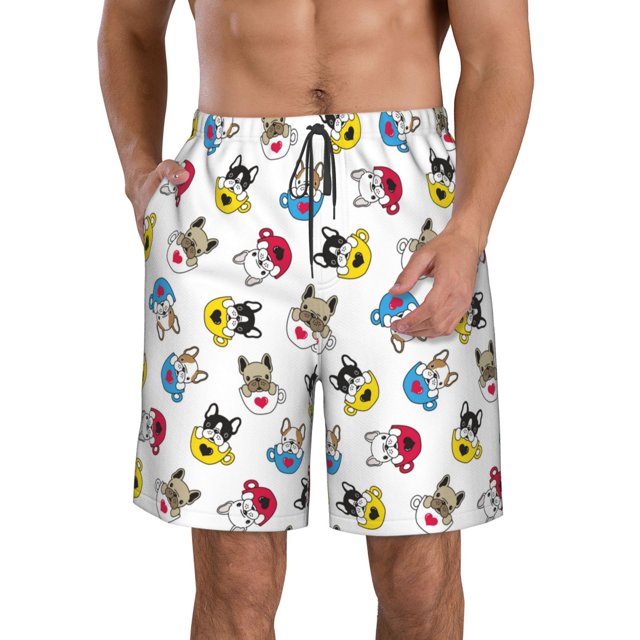 Jgfou French Bulldog With Coffee Cup for Men's Swim Trunks Hawaiian