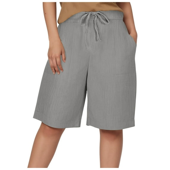 Xudanell Shorts For Women Knee Length Cotton Linen Wide Leg High Waisted Beach Summer Pants Casual Vacation Short Pant(Grey,XXXL)