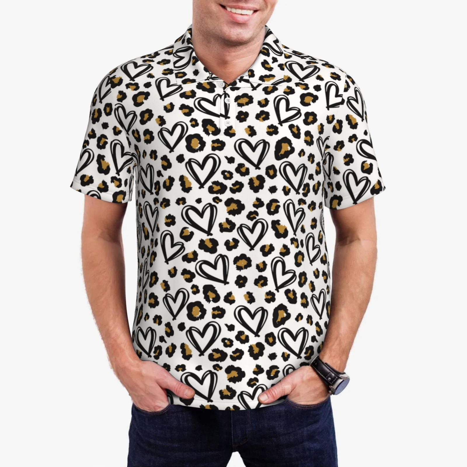 Jgfou Heart Leopard Print Golf Shirts for Men Dry Fit Performance Short
