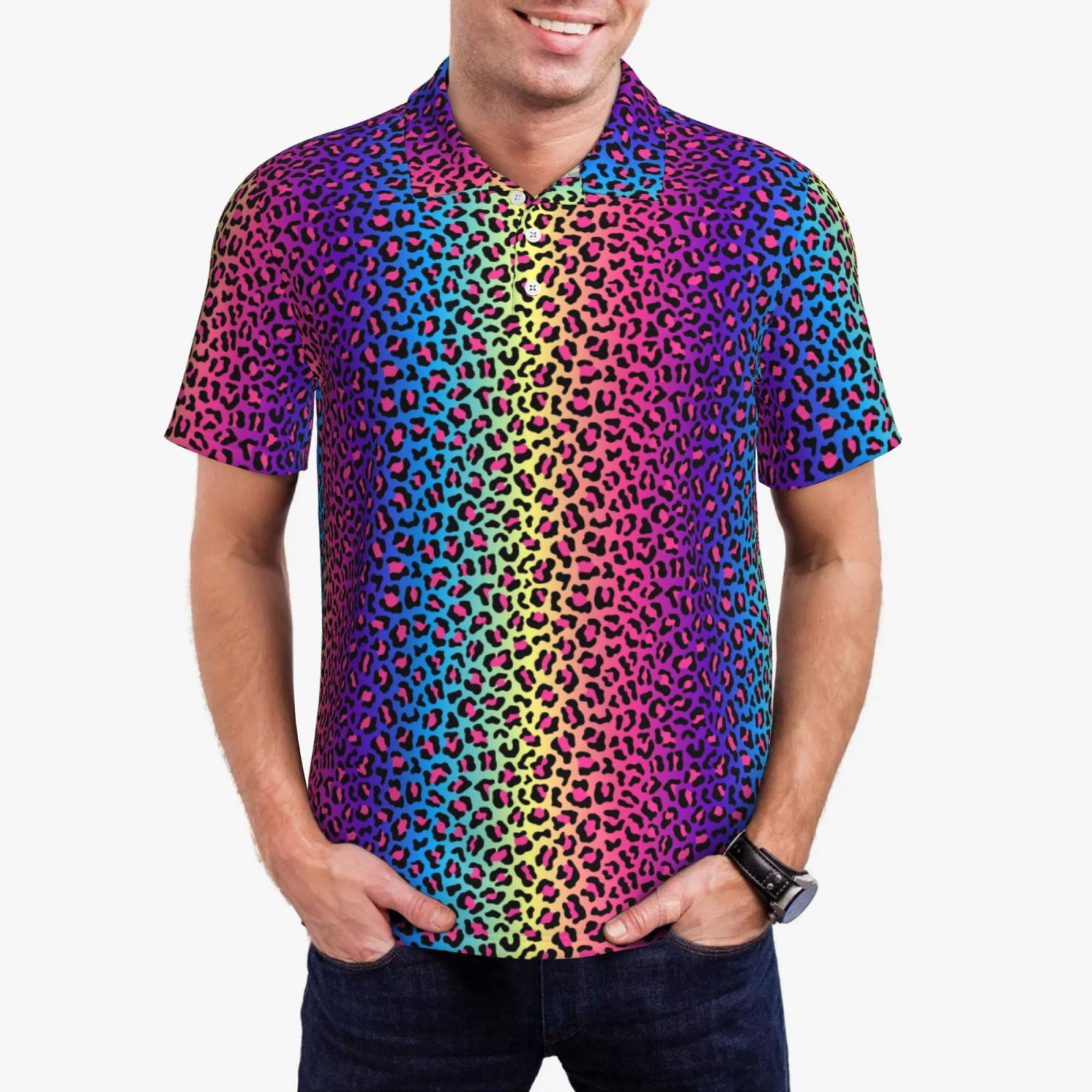 Jgfou Leopard Neon Rainbow Gradient Print Golf Shirts for Men Dry Fit ...