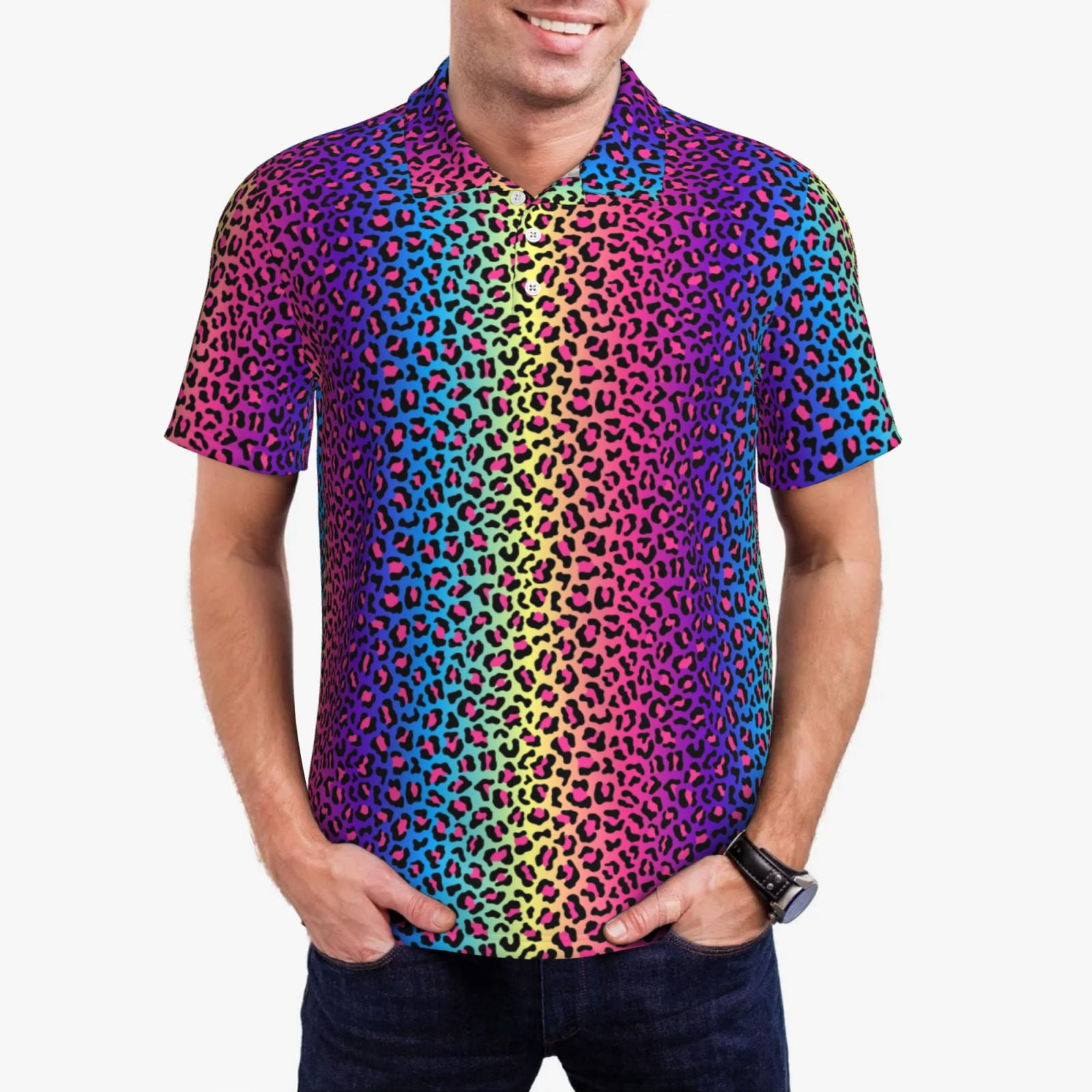 Jgfou Leopard Neon Rainbow Gradient Print Golf Shirts for Men Dry Fit