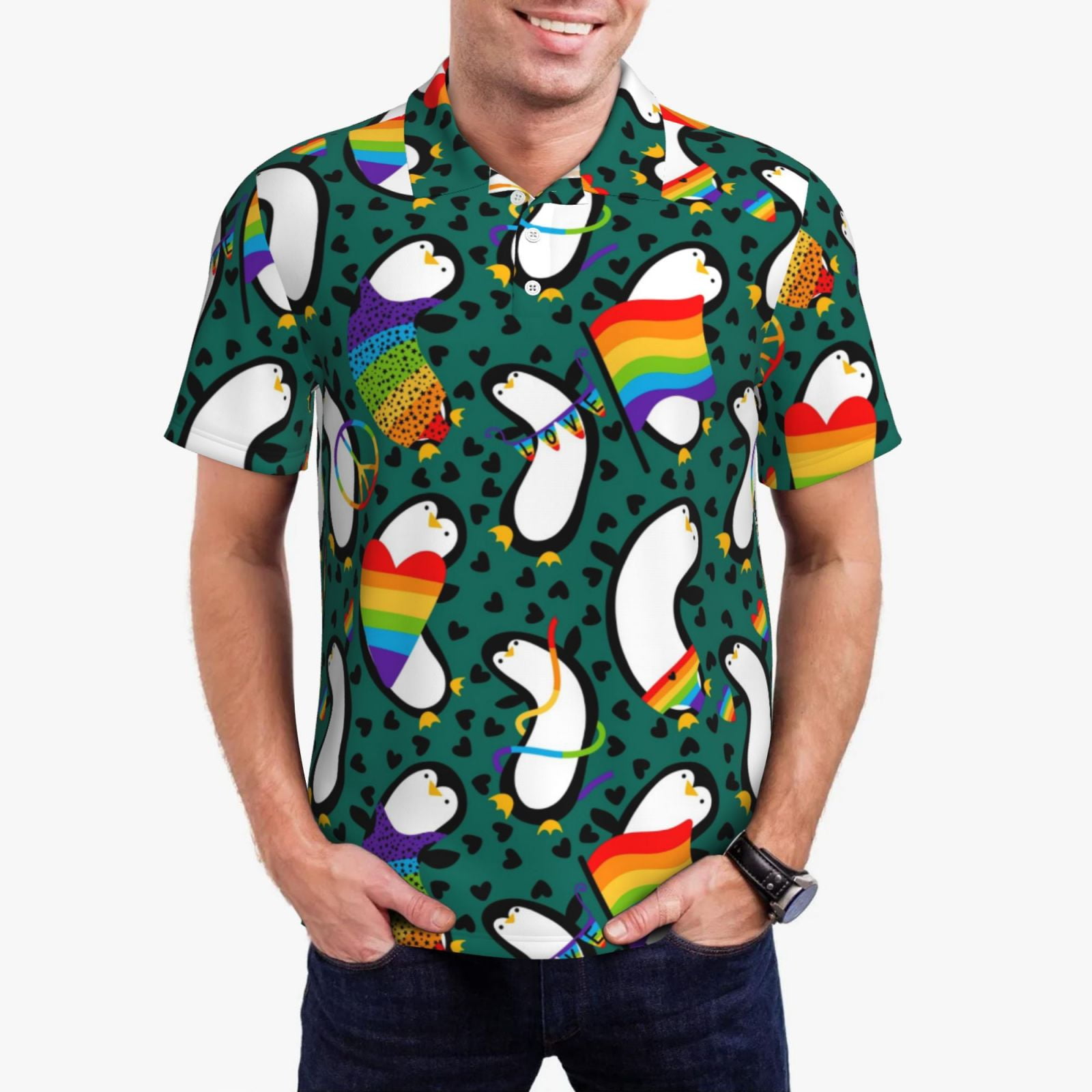 Jgfou Lgbt Penguin Print Golf Shirts for Men Dry Fit Performance Short