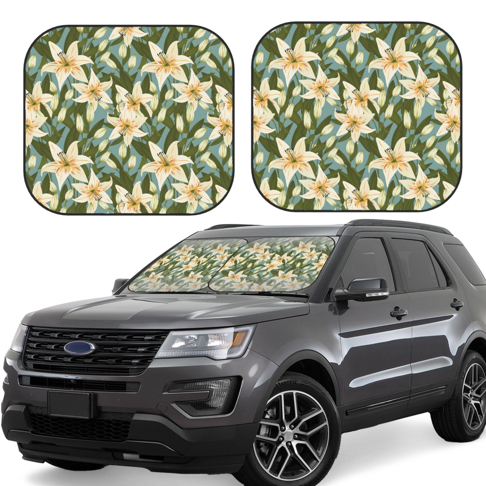 Jgfou Lilies Flowers print Car Windshield Sun Shade Foldable 2Piece