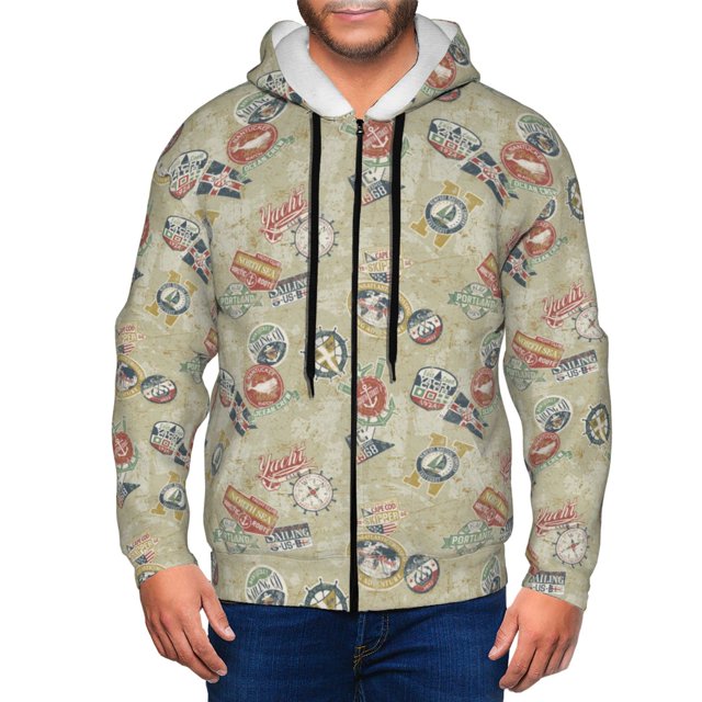 Jgfou Marine Sailing Badges Print Mens Hoodie,Fullzip Zipup Hooded