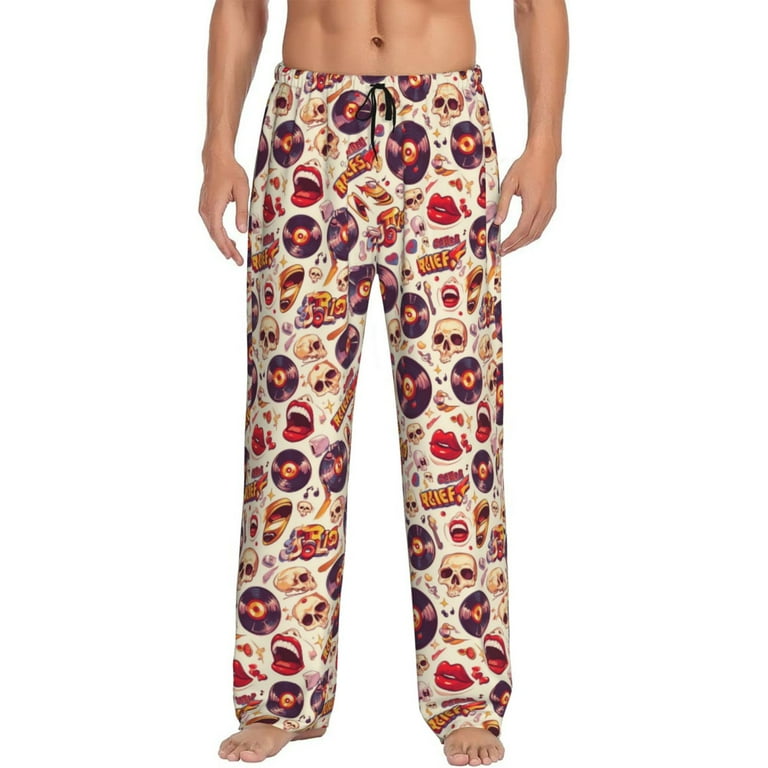 Jgfou Mens Pajama Pants rock music Skull record for Sleep Lounge Pants Drawstring Pj Bottoms with Pockets XX Large