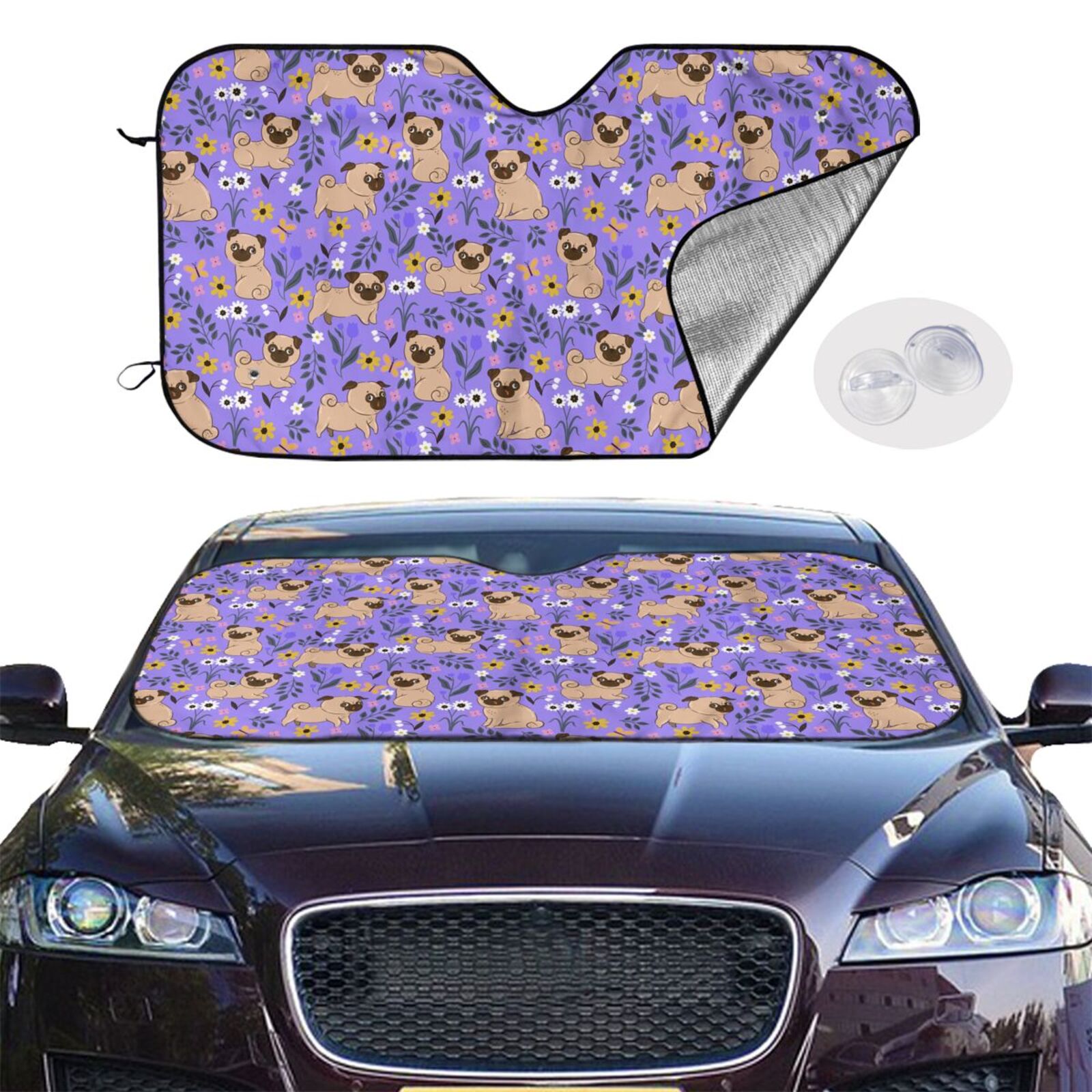 Jgfou Pugs and Flowers Windshield Sun Shades,Car Sun Shade for Front ...