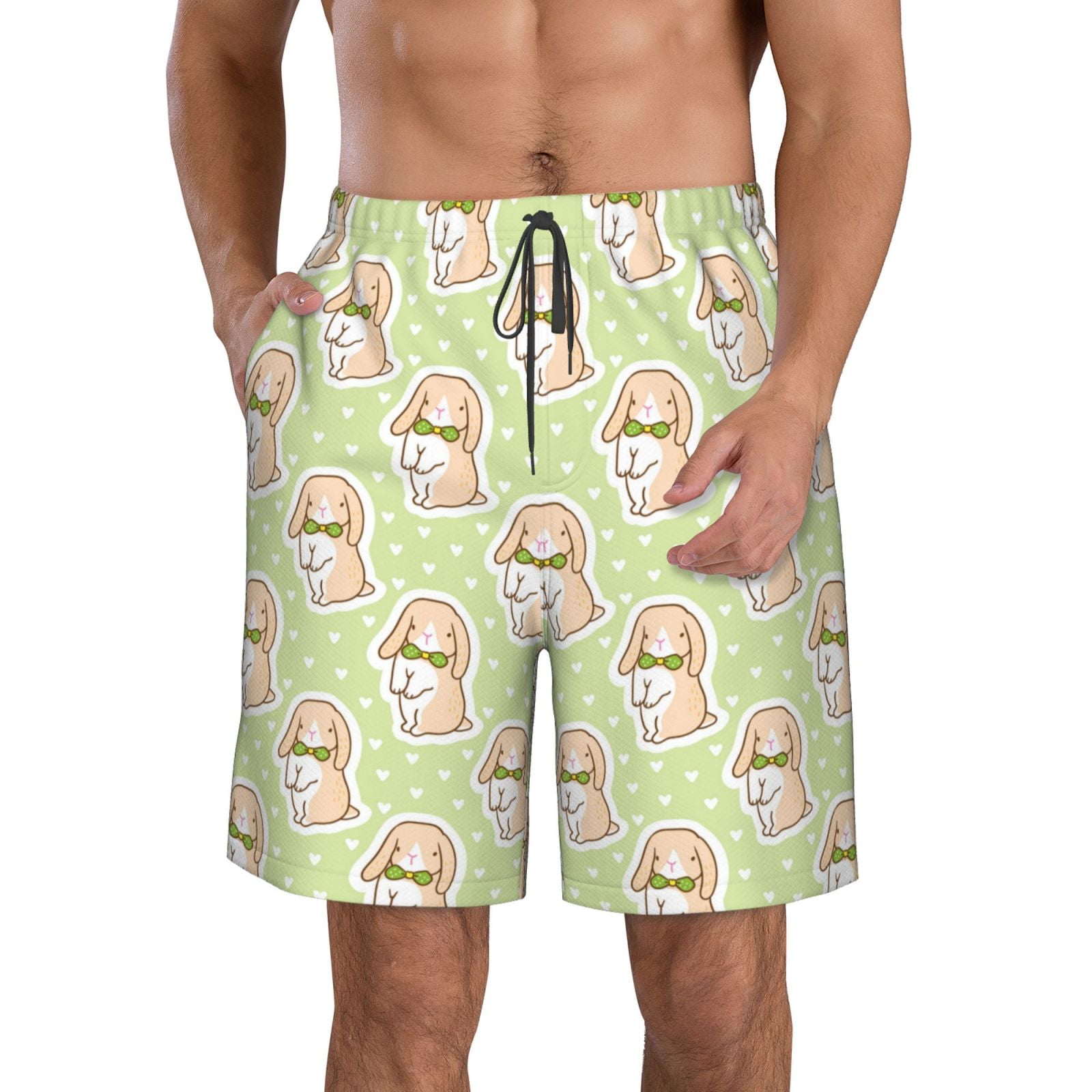 Jgfou Rabbit With Tie for Men's Swim Trunks Hawaiian Bathing Mesh