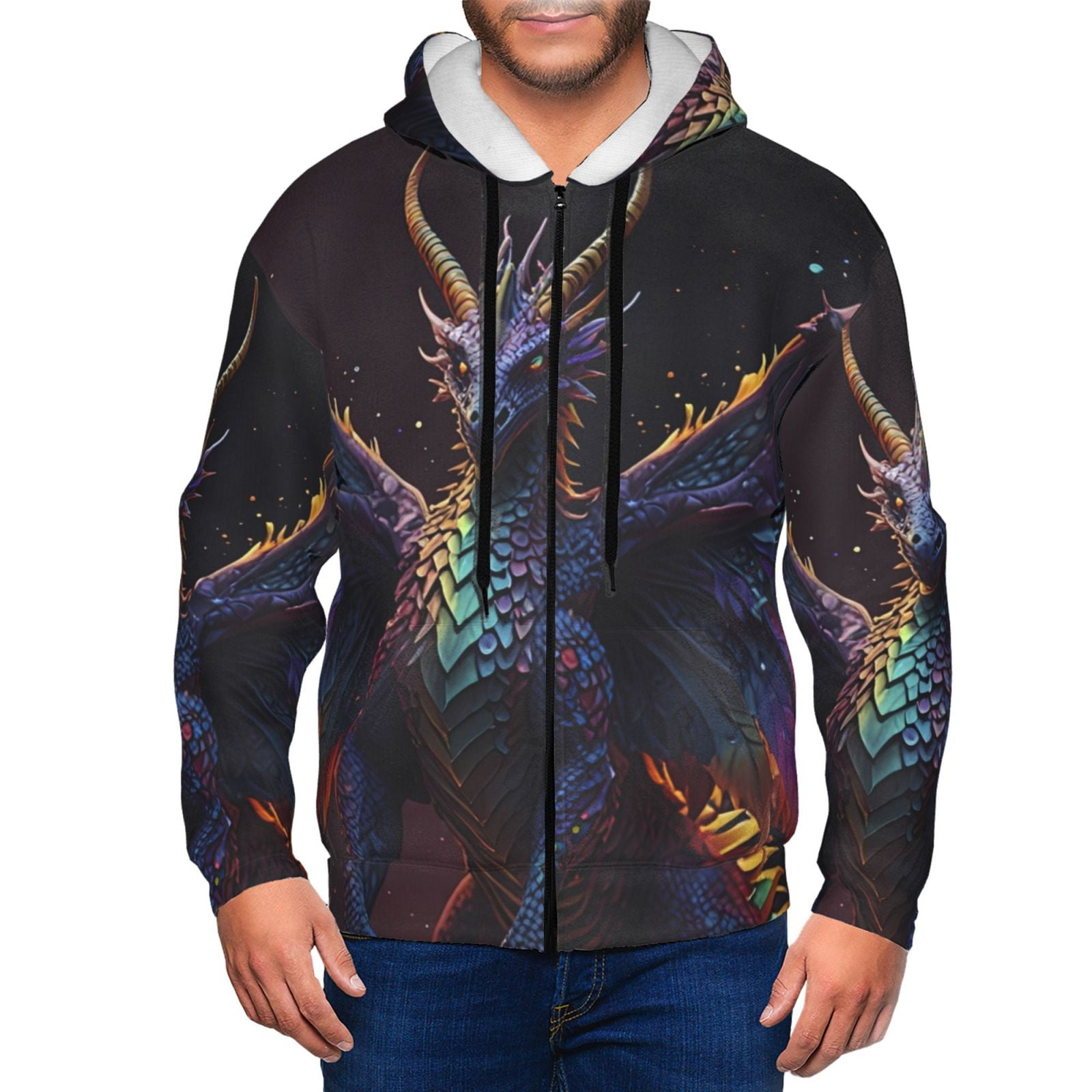 Jgfou Rainbow Wings Majestic Dragon Print Mens Hoodie,Fullzip Zipup
