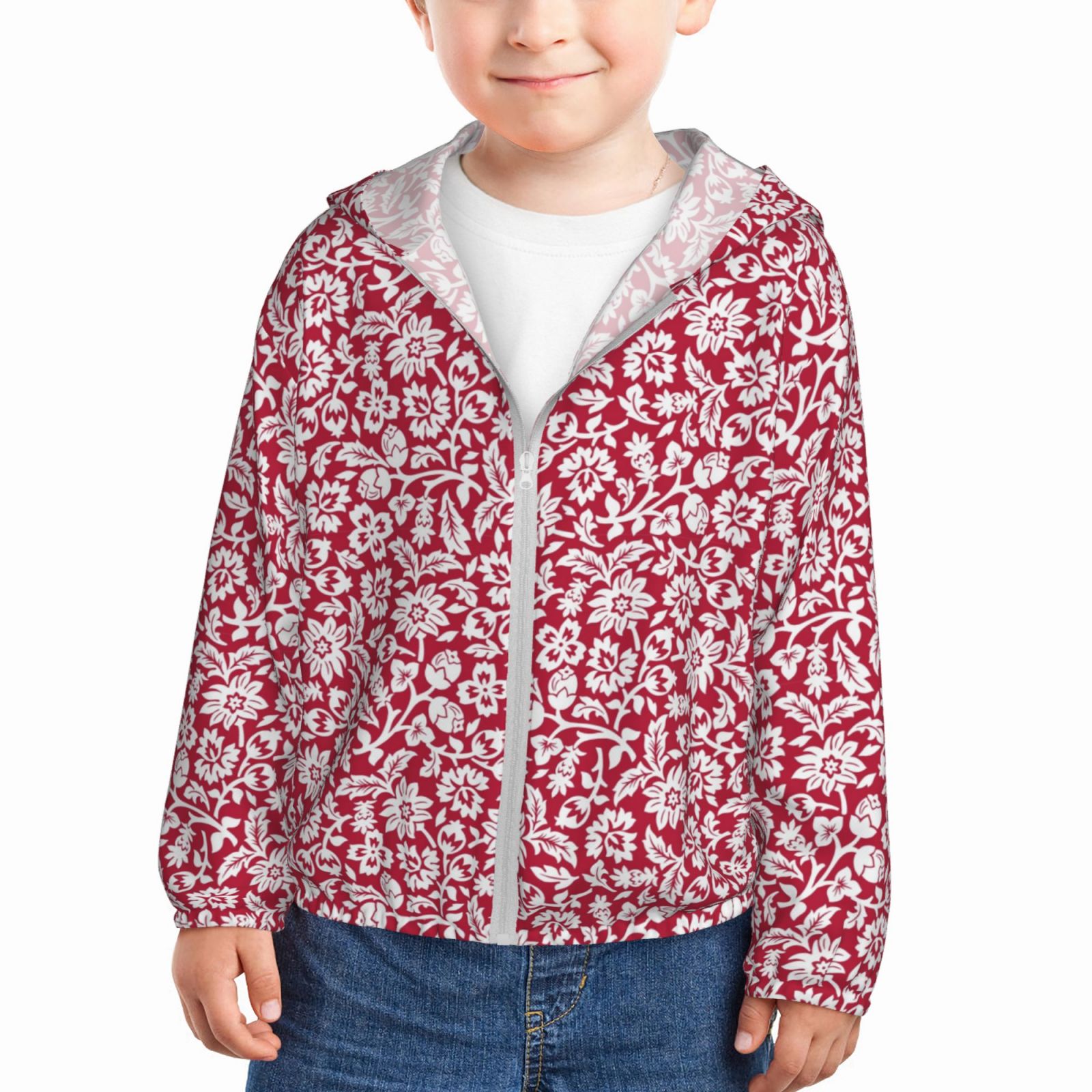 Jgfou Red Flowers Print Sun Protection Jacke Hoodie for Kids,Long