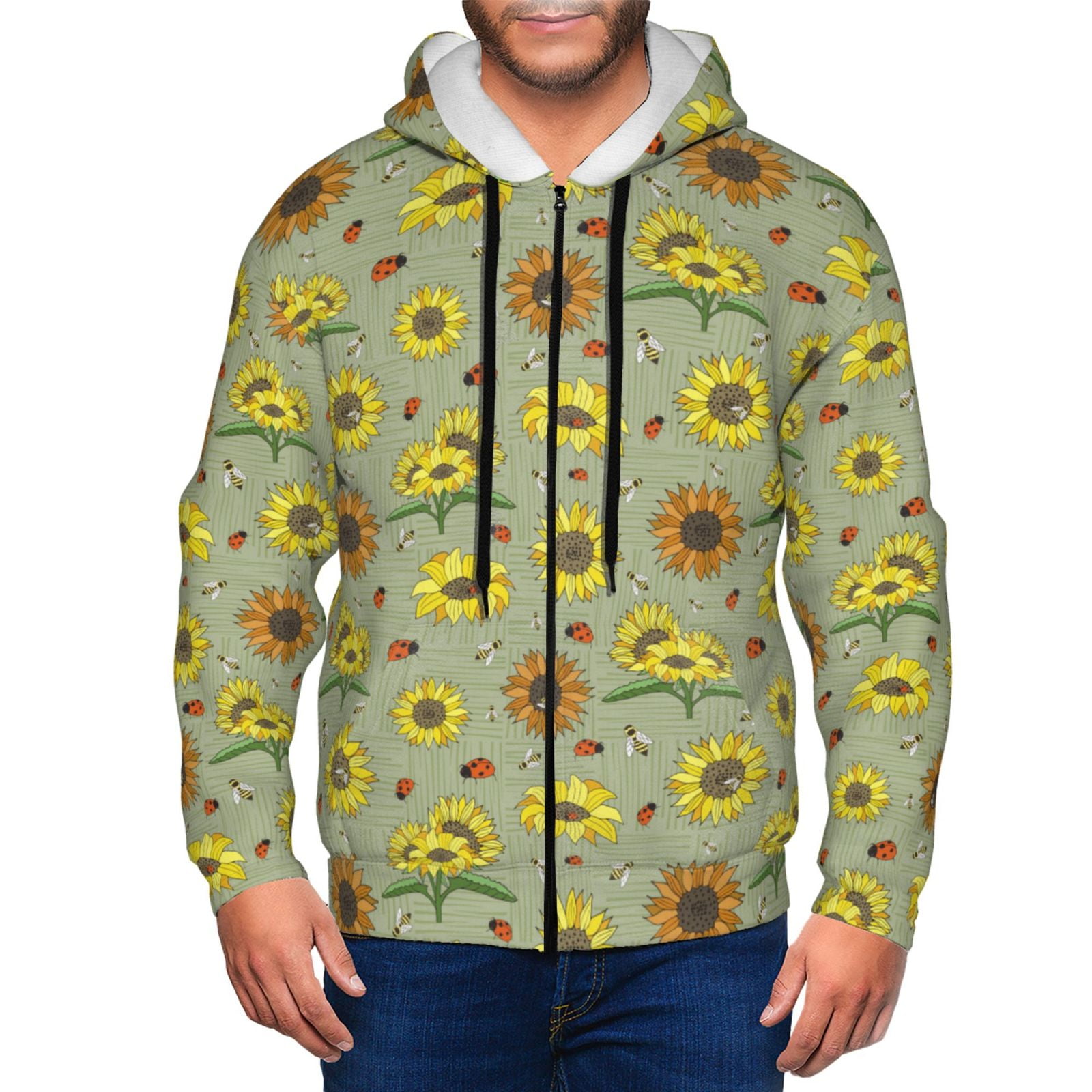 Jgfou Sage Green With Sunflowers Print Mens Hoodie Full zip Zip up Hooded Sweatshirt For Men Medium Walmart