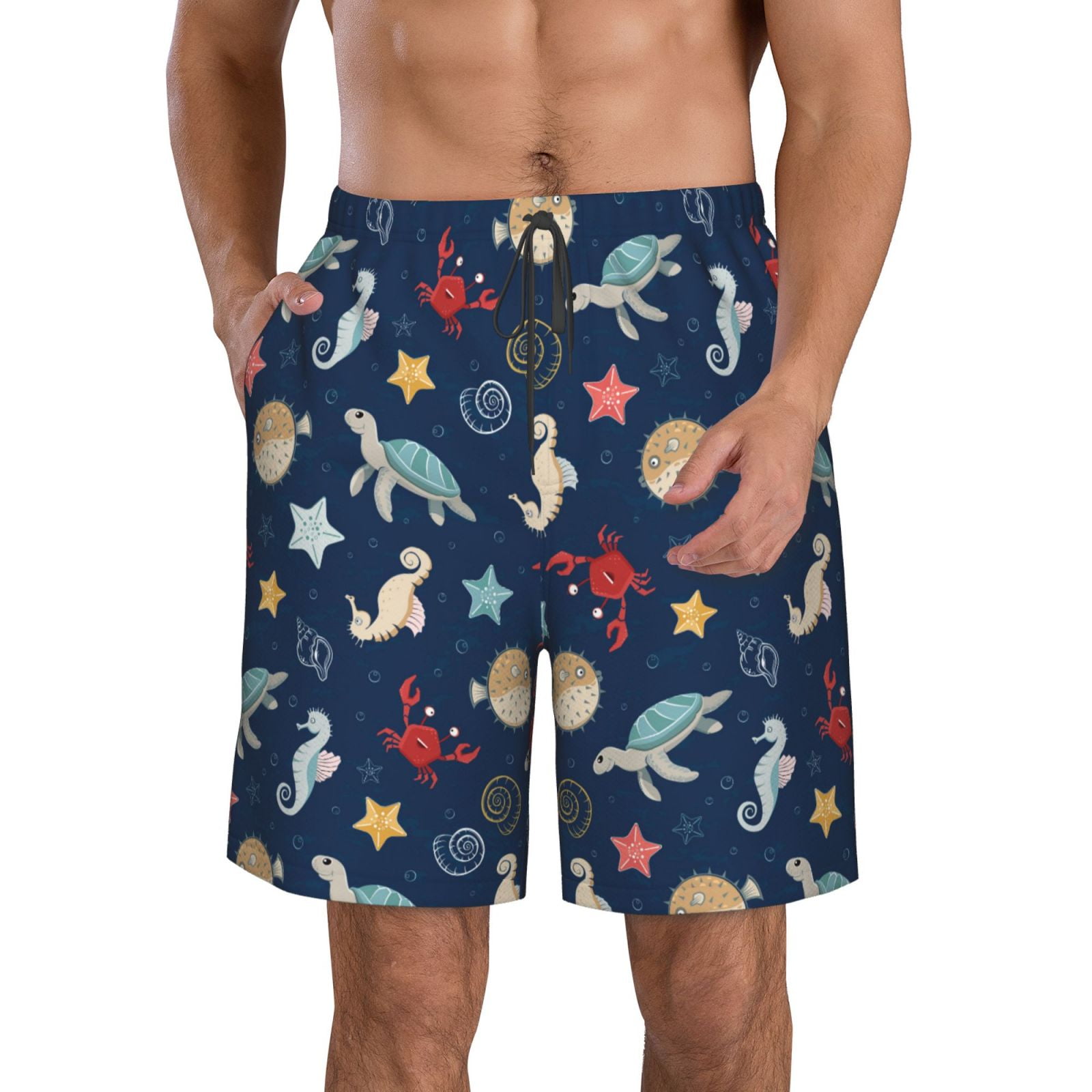 Jgfou Sea Creatures for Men's Swim Trunks Hawaiian Bathing Mesh Lining
