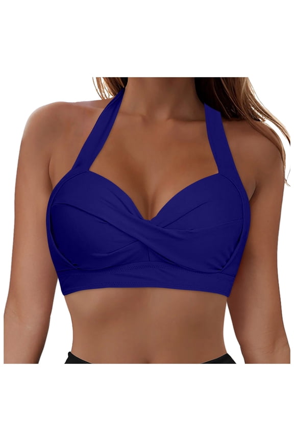 Women's Retro Printed Adjustable Sexy Straps Cross Back Push Up Crop Top Tie Back Bathing Suit Top Only No Bottom(Dark Blue,XL)