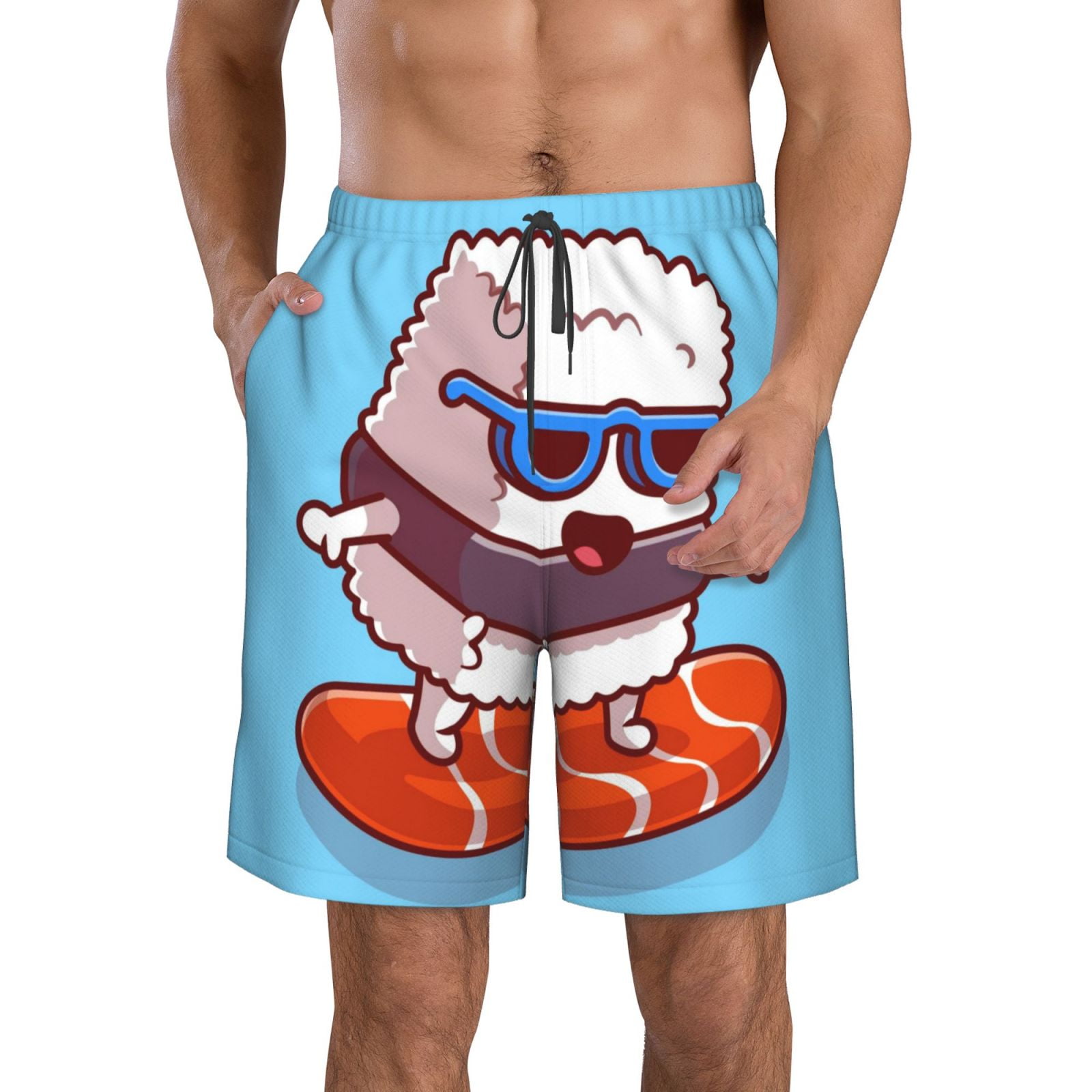 Jgfou Sushi Salmon Surfing for Men's Swim Trunks Hawaiian Bathing Mesh