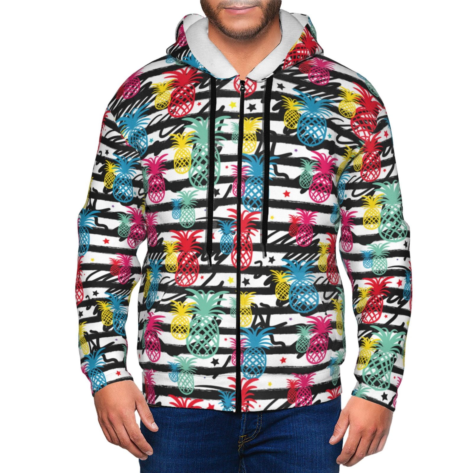 Neon Pineapple Hawaiian Print Men's Zip Up Hoodie