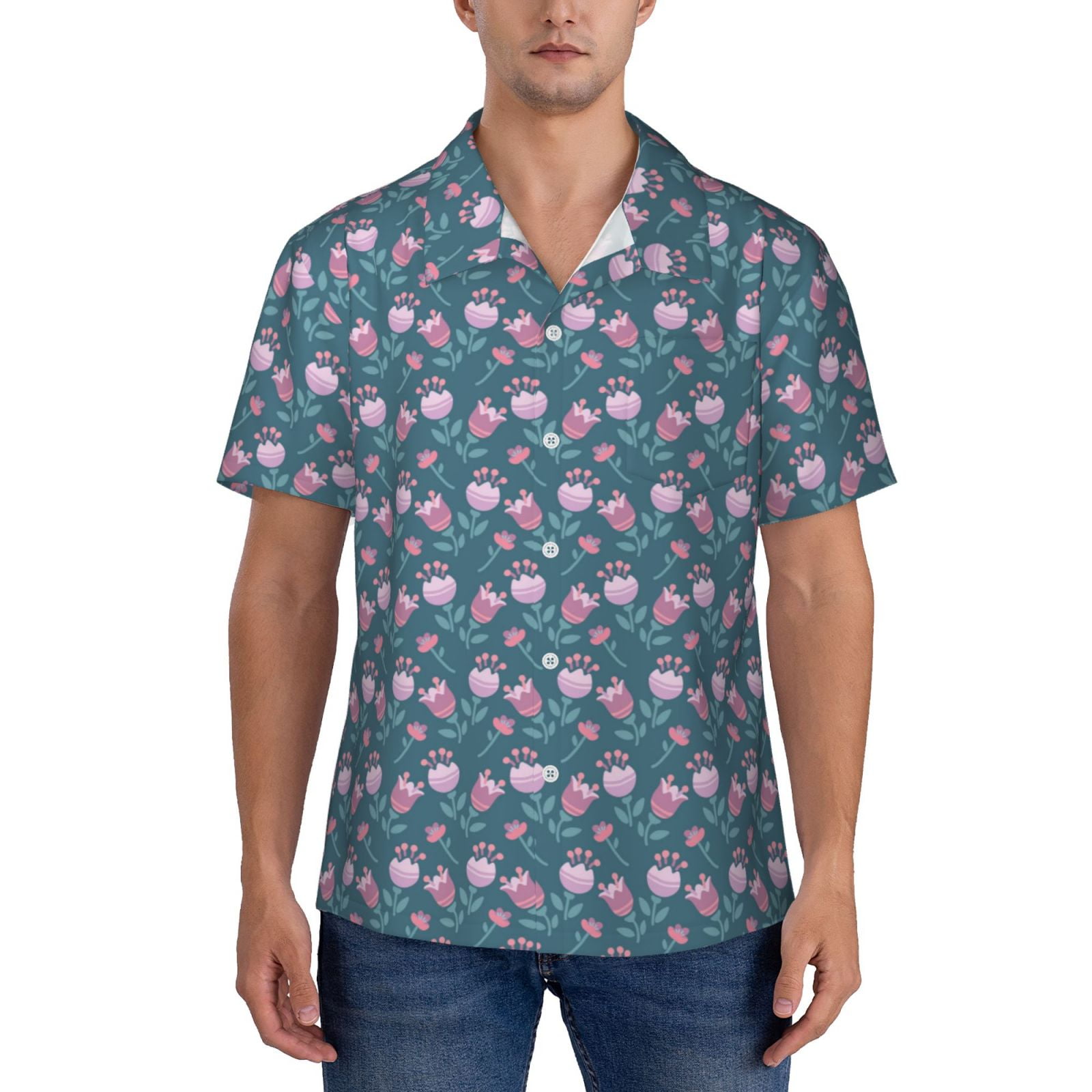 Jgfou Tulips Flowers Print Men's Short Sleeve Hawaiian Shirt Full Width