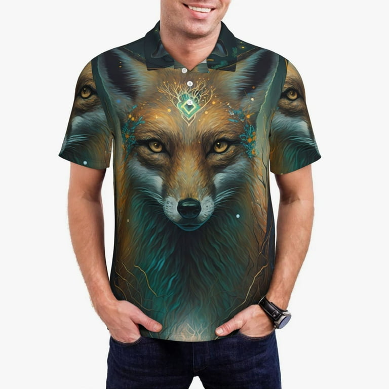 Jgfou Vintage Pattern Fox Print Golf Shirts for Men Dry Fit Performance Short Sleeve Shirt Polo Shirt