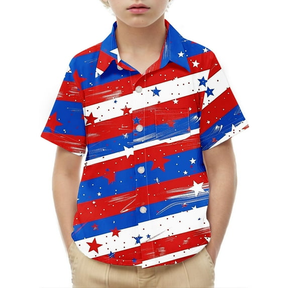 Jgppe Boys Button down Shirts Summer Beach Shirt 4th of July Print Lapel Short Sleeve Tops for 2-15 Years
