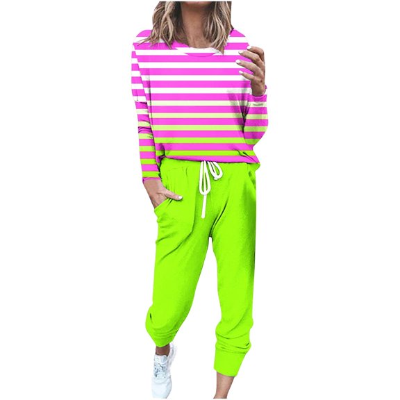 KyCheLot Casual Outfits for Women Fall Plus Size Stripe Crewneck Tshirts and Tapered Casual Pants Set with Pockets