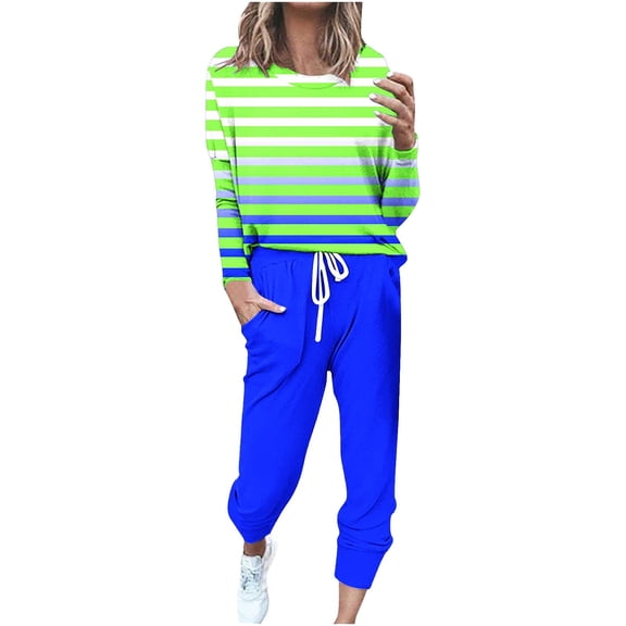 KyCheLot Casual Outfits for Women Fall Plus Size Stripe Crewneck Tshirts and Tapered Casual Pants Set with Pockets