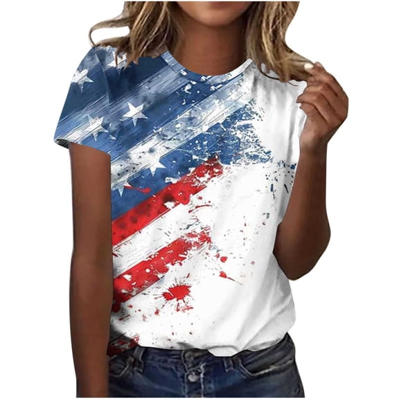 Jgppe Cute July 4th Tops for Women Summer Plus Size Print Pullover Short Sleeve Round Neck Tshirt