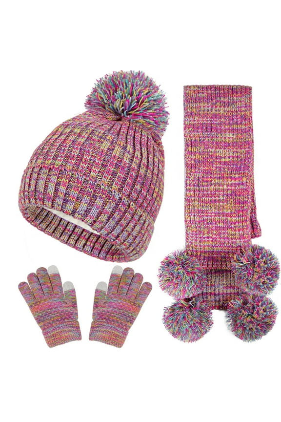 Kids Winter Warm Gloves Sets with Hat Scarf Knitted Colorful Warmer Set for Boys Girls 5-12 Years