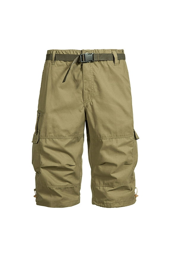 Men's Cargo Shorts Below Knee Solid Color Multi Pockets Elastic Waist Cotton Short Summer Hiking Shorts