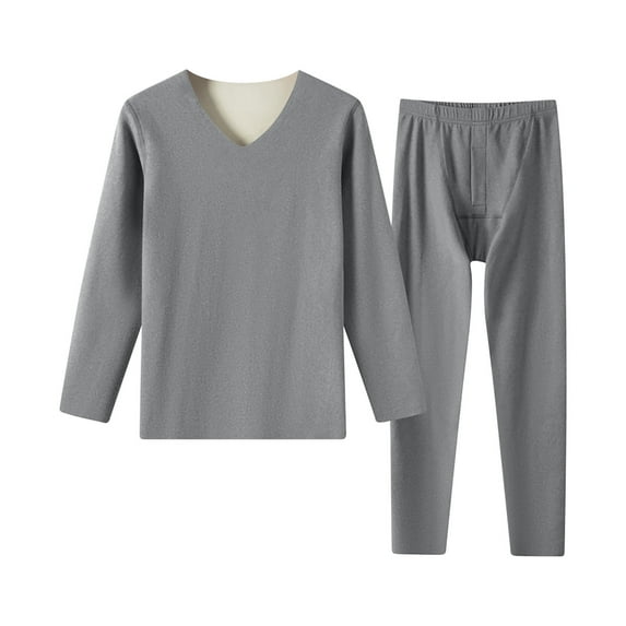 Jgppe Men's Winter Pajama Sets Thermal Underwear Warm Fleece Lined Basic Pullover V-Neck Tops Long Pants Sleepwear