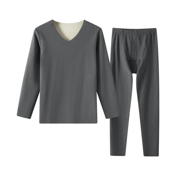 Jgppe Men's Winter Pajama Sets Thermal Underwear Warm Fleece Lined Basic Pullover V-Neck Tops Long Pants Sleepwear