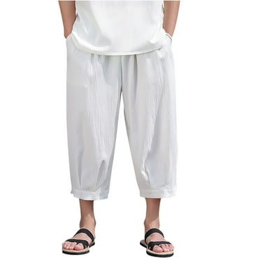 Jgppe Mens Capris Comfy Cotton Linen Lightweight Breathable Mid Waist Plus Size Baggy Capri Pants with Pockets