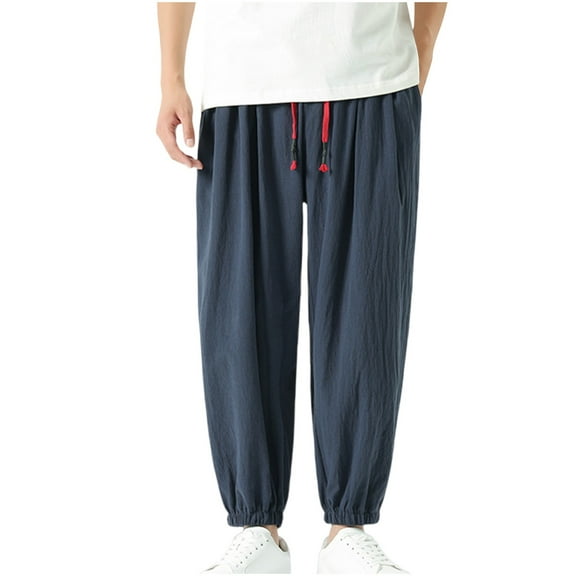 Jgppe Mens Cotton Pants Comfy Drawstring Waist Soft Solid Color Plus Size Sweatpants Lounge Pants
