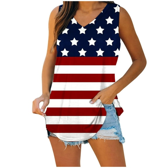 Jgppe Tank Tops for Women 4th of July Tshirt Sleeveless Flag Printed V-Neck Soft Stretchy Summer Tank Shirt