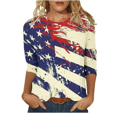 Jgppe Women's Cute T Shirts Comfy 3/4 Sleeve 4th of July Print Crewneck Plus Size Tees Blouses