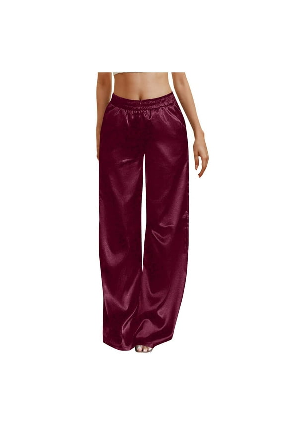 Women's Pajama Pants Silk Satin Solid Color Elegant Mid Waist Comfy Soft Wide Leg Bottom with Pockets
