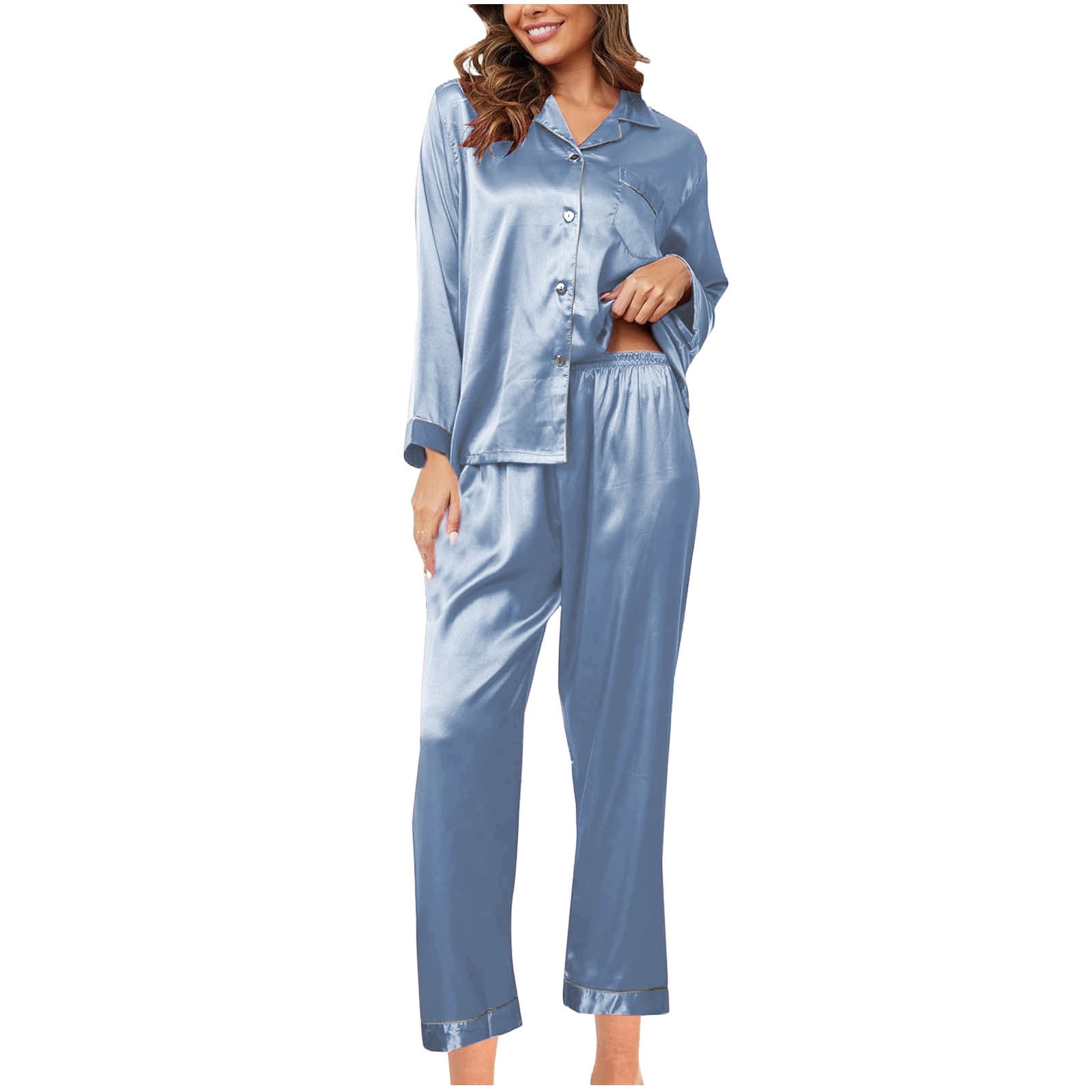 SOFTHO Women's Satin Pajama Set - Long Sleeve Button-Down Top & Elastic Waist Pants, Comfy Sleepwear - View #7