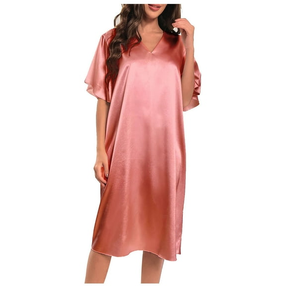 Jgppe Women's Satin Silk Sleepshirt V Neck Flowy Loose Short Sleeve Nightgown Solid Color Nightshirt Sleepwear