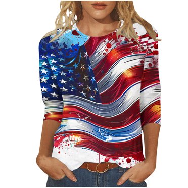 Jgppe Women's Summer Tees Independence Day Tops 3/4 Sleeve Crewneck Stretchy Blouses Plus Size