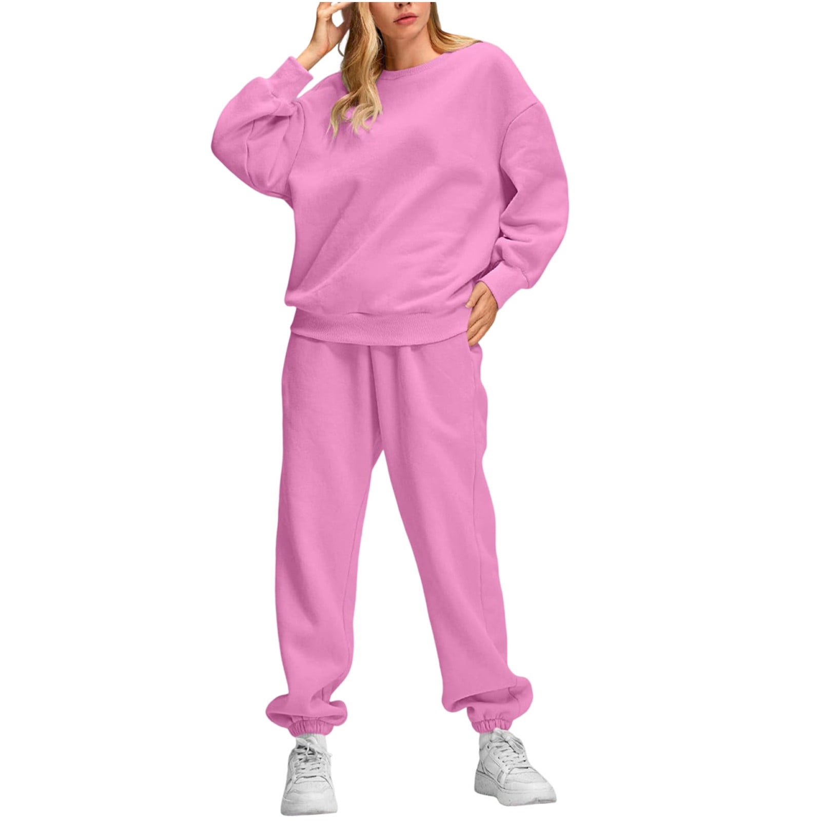 Womens 2 Piece Outfits Sweatsuit Solid Color Oversized Sweatshirt Baggy Jogger Pants Winter Fall Casual Sets