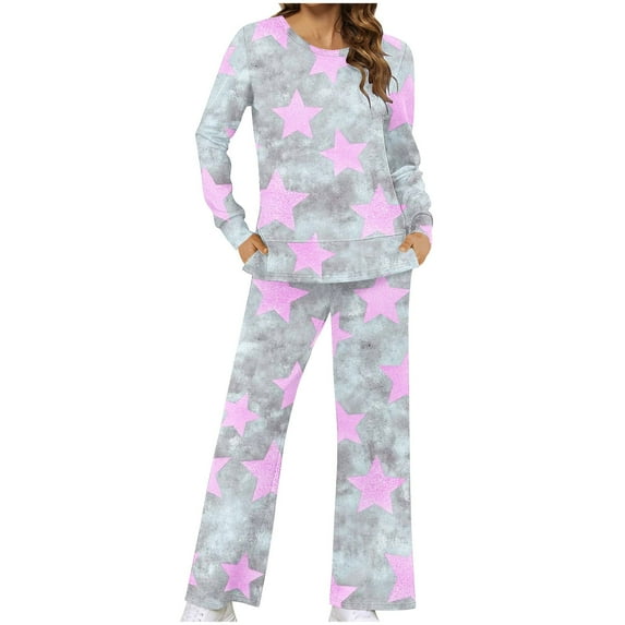 KyCheLot Womens 2 Piece Pajamas Sets Printed Pullover Long Sleeve Tops and Pants Loose Comfy Casual Sets