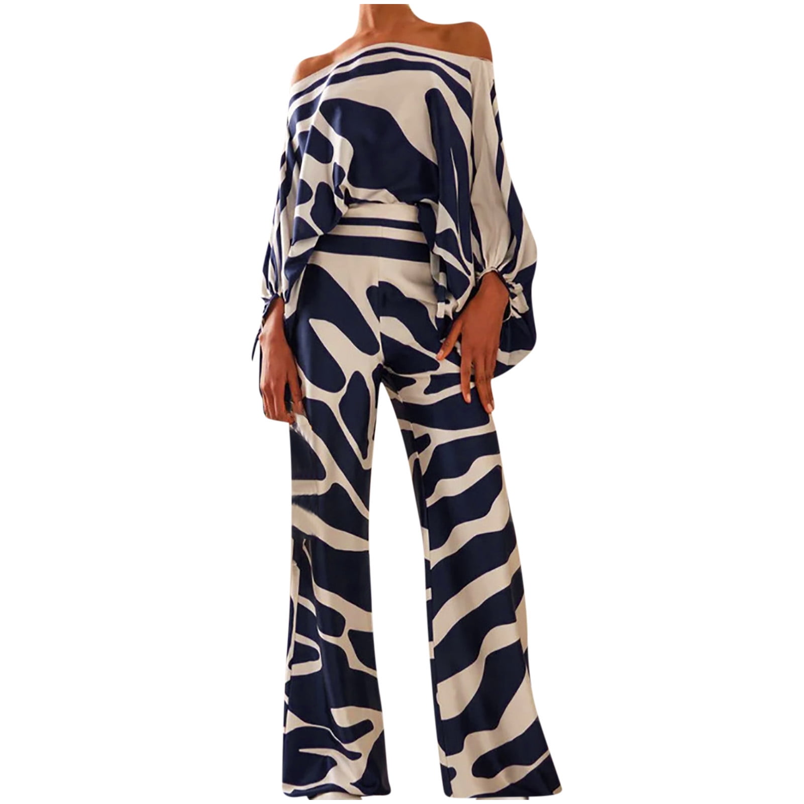 Women - Loose V-Neck Fashion Hollow Out Striped Shirt Wide Leg Pants Set main image 1