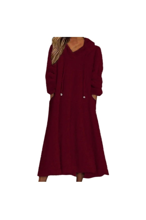 Womens Fleece Long Dress Hooded Warm Fuzzy Plus Size Long Dress Nightgown with Pockets Homewear