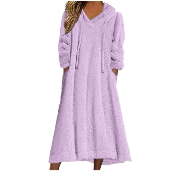 Jgppe Womens Fleece Long Dress Hooded Warm Fuzzy Plus Size Long Dress Nightgown with Pockets Homewear
