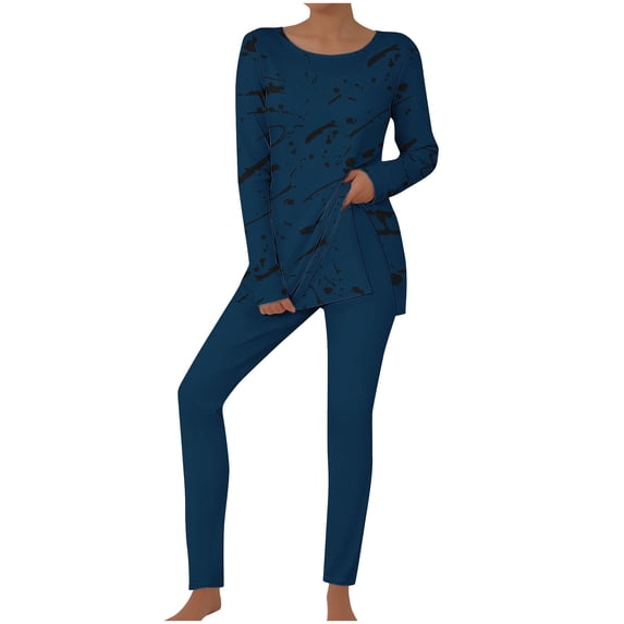KyCheLot Womens Home Outfits Print Loose Long Sleeve Hem Split Tops and Slim Long Pants Plus Size Casual Set